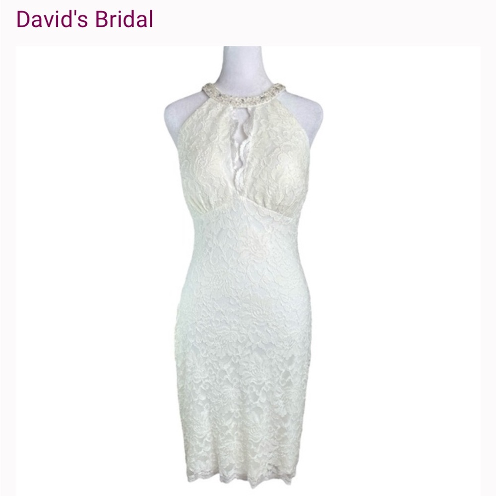 NWT David's Bridal White Lace Embellished Keyhole Sheath Halter Dress wedding